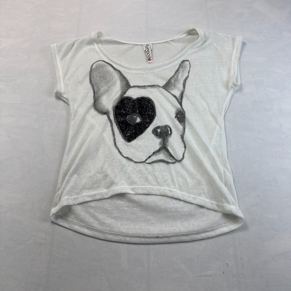Ransom T-Shirt Womens L White Sequins French Bulldog Dog Graphic High Low Tee